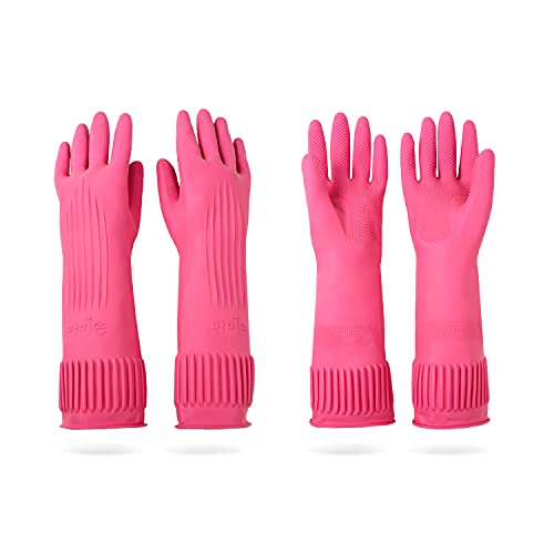 Mamison Durable Non-Slip Reusable Waterproof Kitchen Gloves Pink Medium Pack of 2