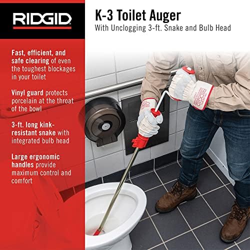 RIDGID 59787 K-3 Toilet Auger with 3-Foot Snake and Bulb Head