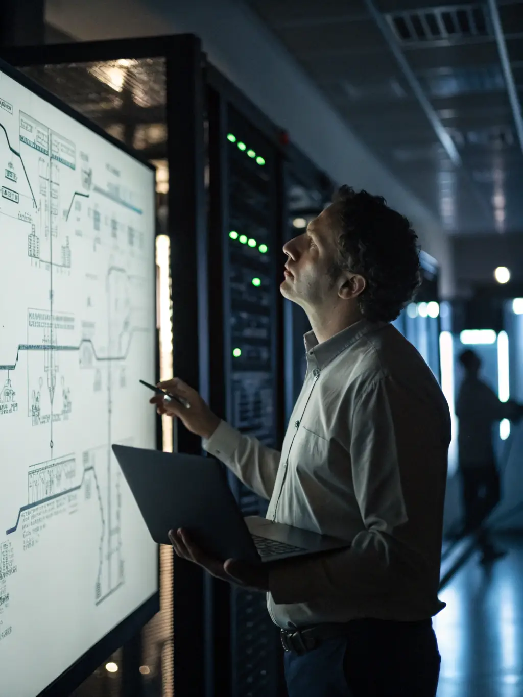 A professional IT consultant is shown analyzing network infrastructure on a computer screen in a modern office setting, representing VIRIDIBIRD's expertise in network optimization.