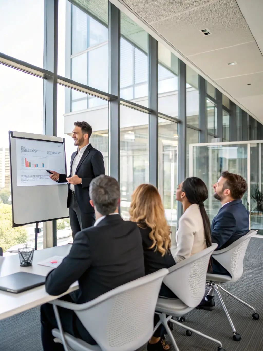 A consultant is shown presenting a digital transformation strategy to a team of executives, illustrating VIRIDIBIRD's ability to guide businesses through digital evolution.