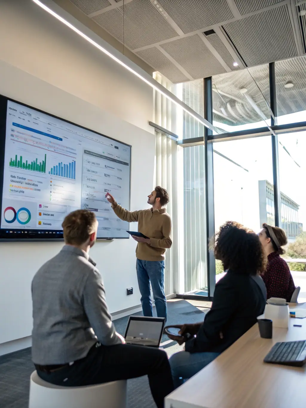 A professional image of IT consultants analyzing data on multiple screens in a modern office setting, emphasizing their expertise and analytical skills.