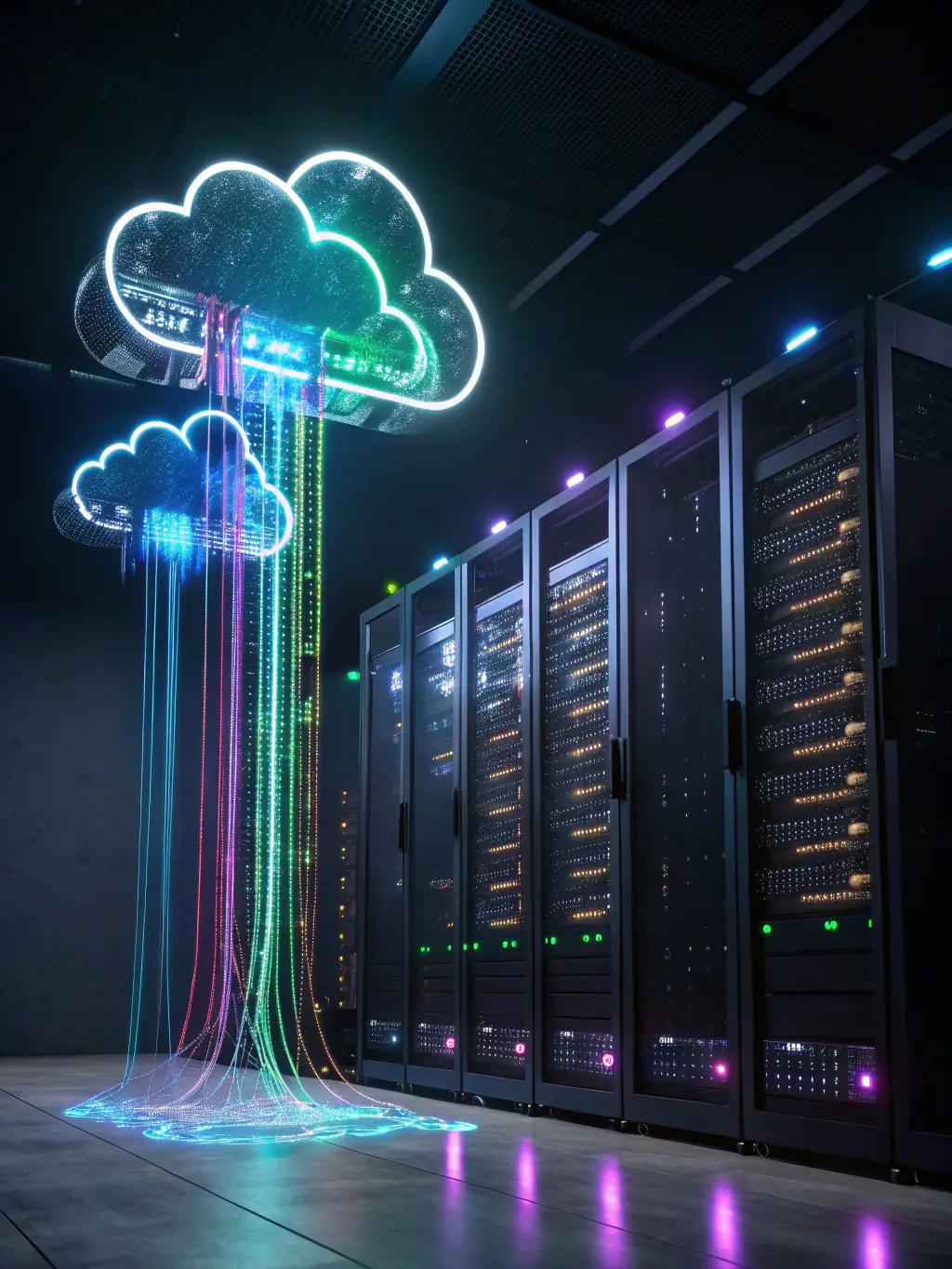 A visual representation of cloud computing, showing interconnected devices and data flow in a seamless manner.