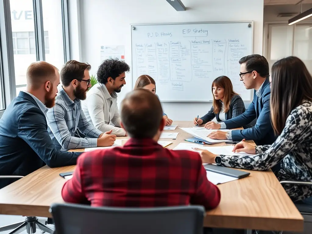 A professional photograph of a diverse team of IT consultants brainstorming in a modern office setting, emphasizing collaboration and innovation.
