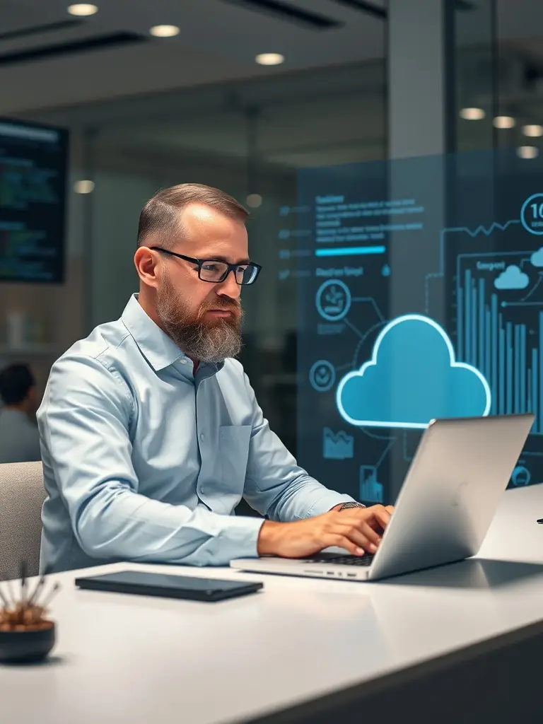 An IT consultant is shown providing cloud migration support to a business client, showcasing VIRIDIBIRD's expertise in cloud solutions.